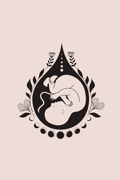 elective c-section package baby in womb surrounded by moon phases and plants illustration